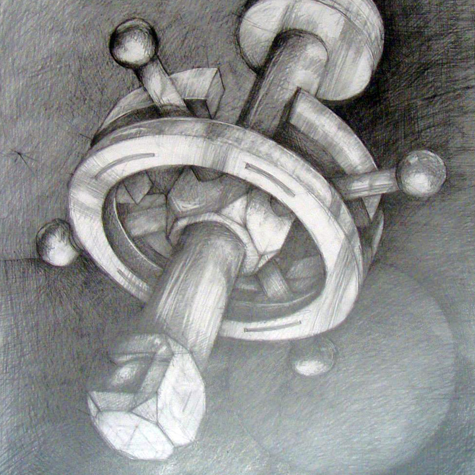 Satelita kosmiczna jako przykład nauki rysowania elipsy w perspektywie. Praca autorska Marii Tkocz technika ołówkowa format 50x70cm