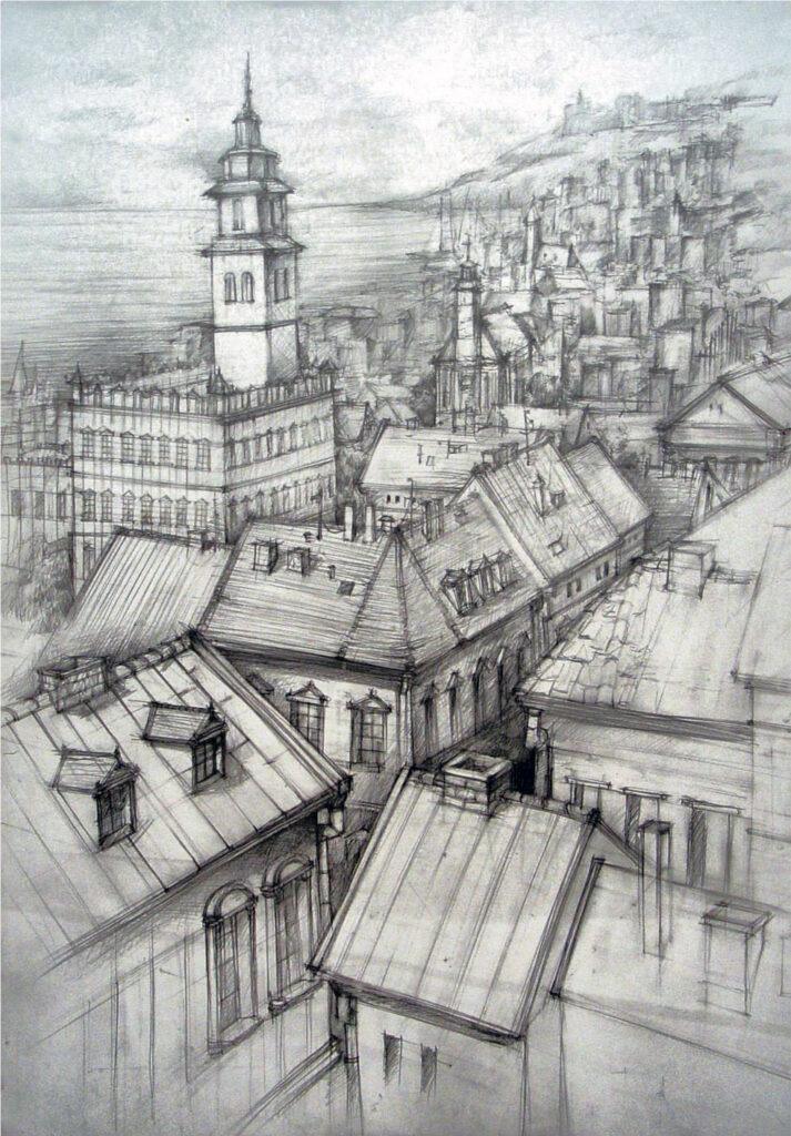 nauka rysowania detali historycznych w perspektywie z lotu ptaka w temacie miasto z góry podczas kursu rysunku architektonicznego KRA w Radlinie. Praca autorska Marii Tkocz technika ołówkowa format 50x70cm
