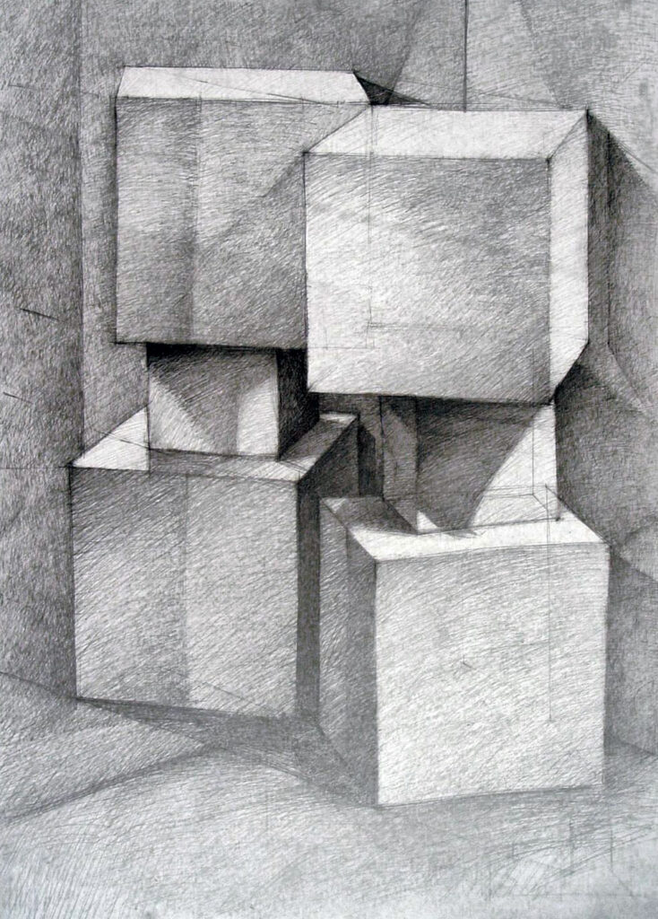 nauka rysoania odbicia w lustrze na przykładzie sześcianów podczas kursu rysunku architektonicznego KRA w Radlinie. Praca autorska Marii Tkocz technika ołówkowa format 50x70cm
