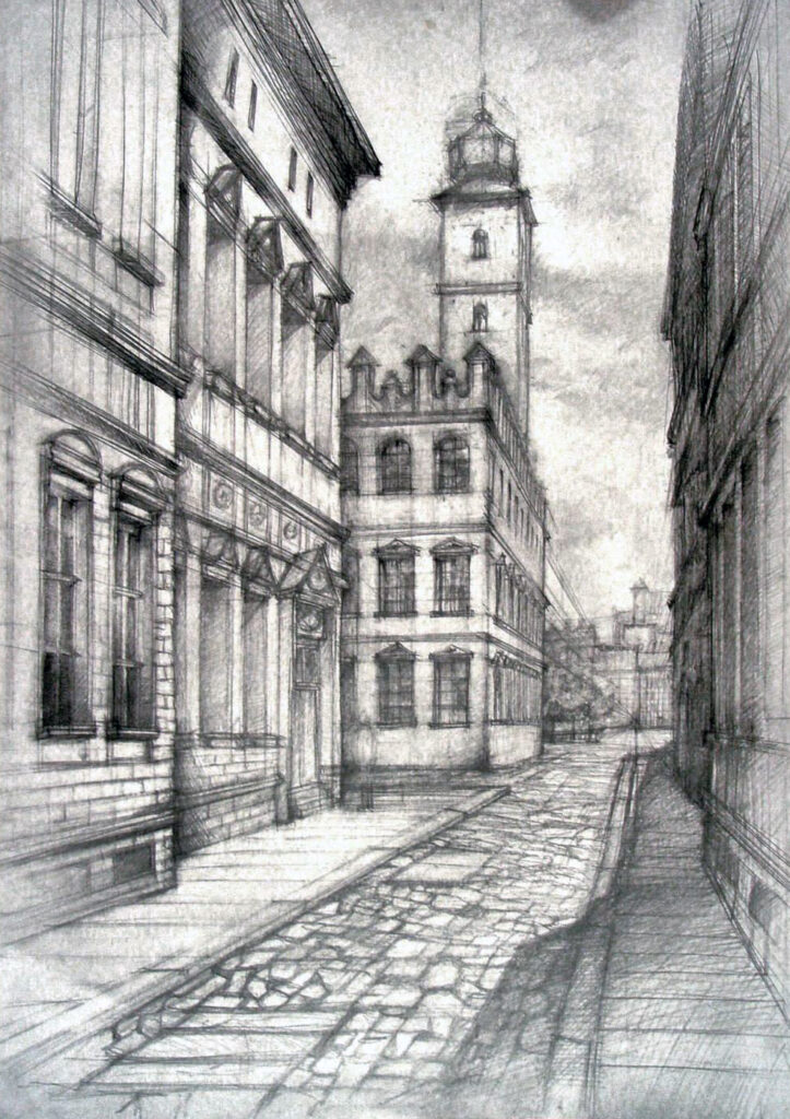 nauka rysowania detali historycznych w perspektywie zbieżnej w temacie uliczka historyczna z horyzontu człowieka podczas kursu rysunku architektonicznego KRA w Radlinie. Praca autorska Marii Tkocz technika ołówkowa format 50x70cm