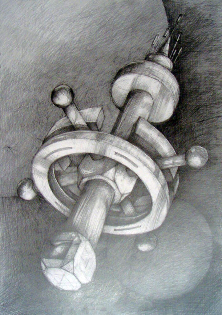 Satelita kosmiczna jako przykład nauki rysowania elipsy w perspektywie. Praca autorska Marii Tkocz technika ołówkowa format 50x70cm