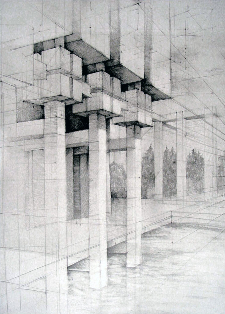 nauka rysunku z wyobraźni, rytm i woda, architektura w perspektywie, punkty zbiegu, podczas kursu Rysunku Architektonicznego KRA w Radlinie prowadzonego przez Marię Tkocz. . Praca autorska Marii Tkocz technika ołówkowa format 50x70cm