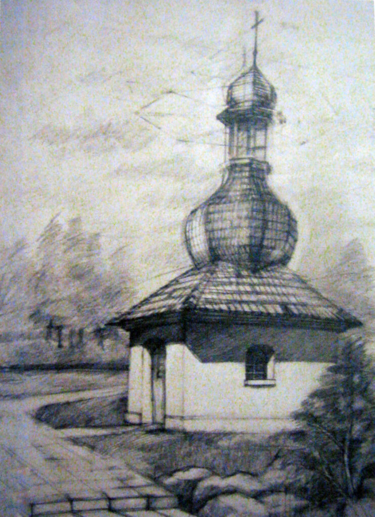 nauka rysunku ośmioboku w perspektywie na podstawie tematu Kapliczka podczas kursu Rysunku Architektonicznego KRA w Radlinie prowadzonego przez Marię Tkocz. . Praca autorska Marii Tkocz technika ołówkowa format 50x70cm